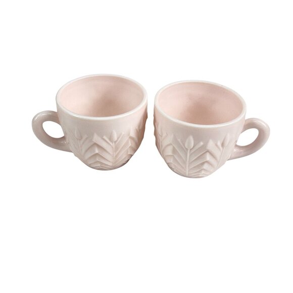 Boho White Ceramic Mugs Set of 2 Embossed Leaf Design 12oz Modern Cottage Coffee - Picture 3 of 7